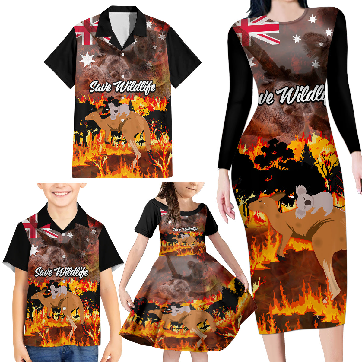 personalised-save-wildlife-australia-family-matching-long-sleeve-bodycon-dress-and-hawaiian-shirt-bushfire-awareness