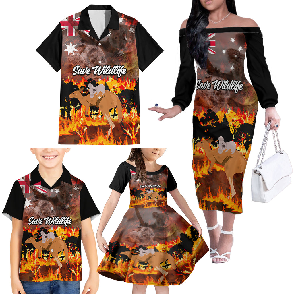 personalised-save-wildlife-australia-family-matching-off-shoulder-long-sleeve-dress-and-hawaiian-shirt-bushfire-awareness