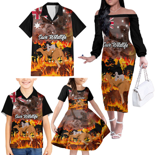 personalised-save-wildlife-australia-family-matching-off-shoulder-long-sleeve-dress-and-hawaiian-shirt-bushfire-awareness