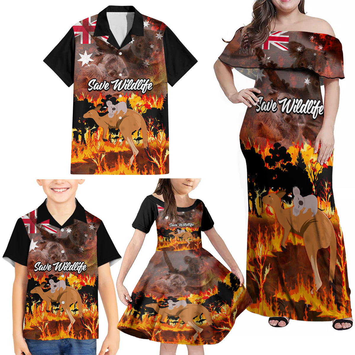 personalised-save-wildlife-australia-family-matching-off-shoulder-maxi-dress-and-hawaiian-shirt-bushfire-awareness
