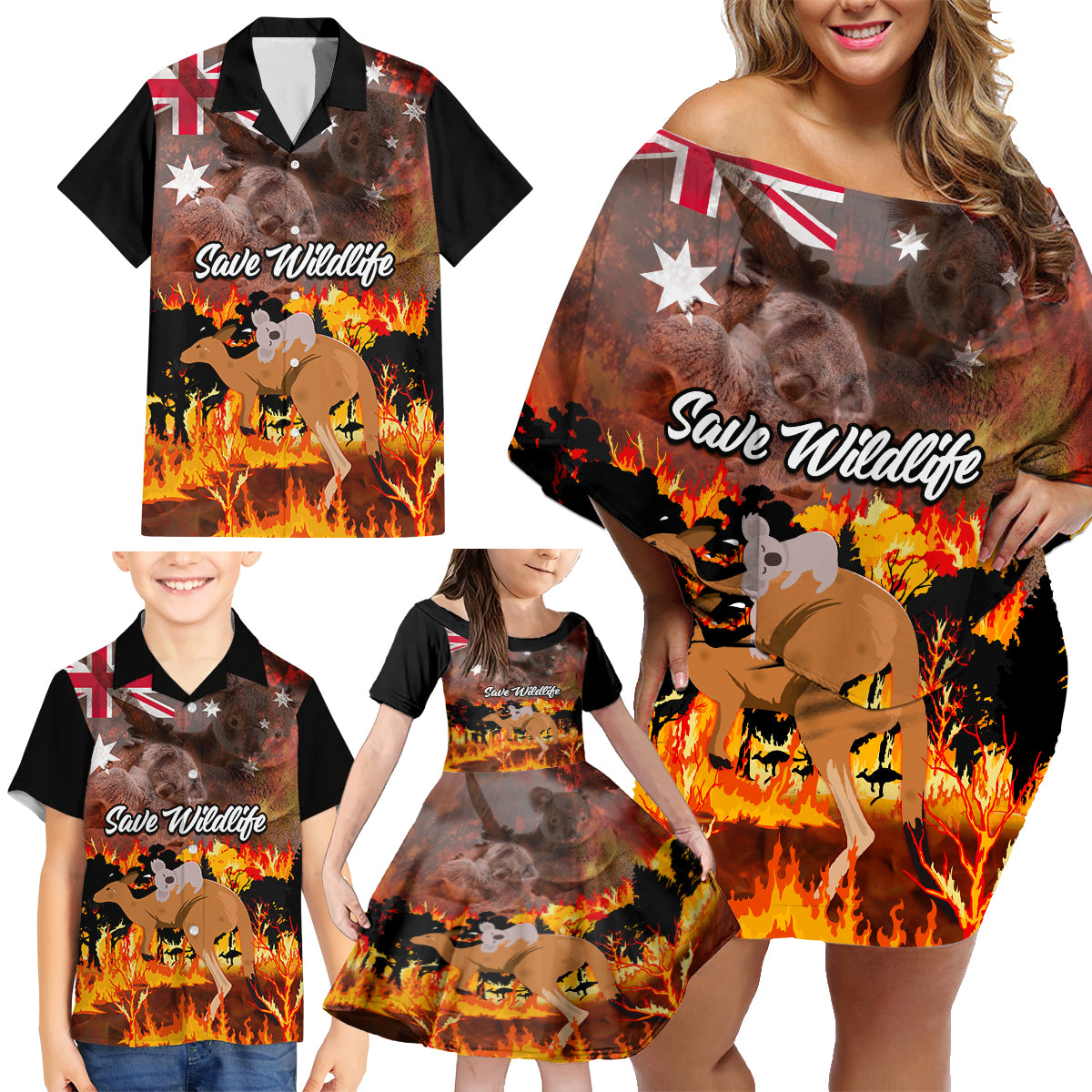 personalised-save-wildlife-australia-family-matching-off-shoulder-short-dress-and-hawaiian-shirt-bushfire-awareness