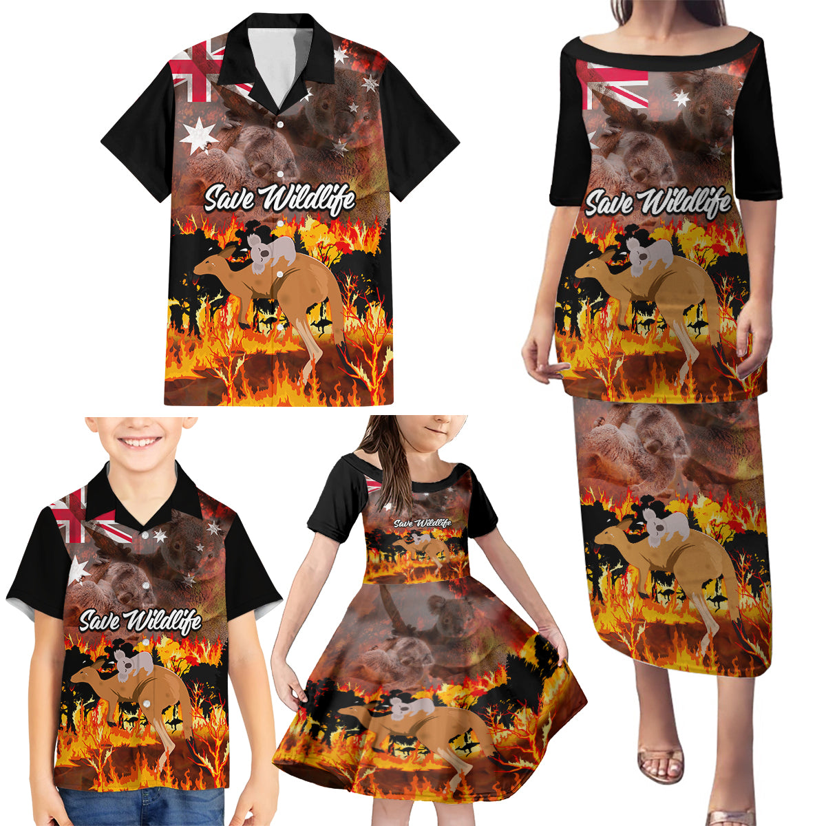 personalised-save-wildlife-australia-family-matching-puletasi-dress-and-hawaiian-shirt-bushfire-awareness