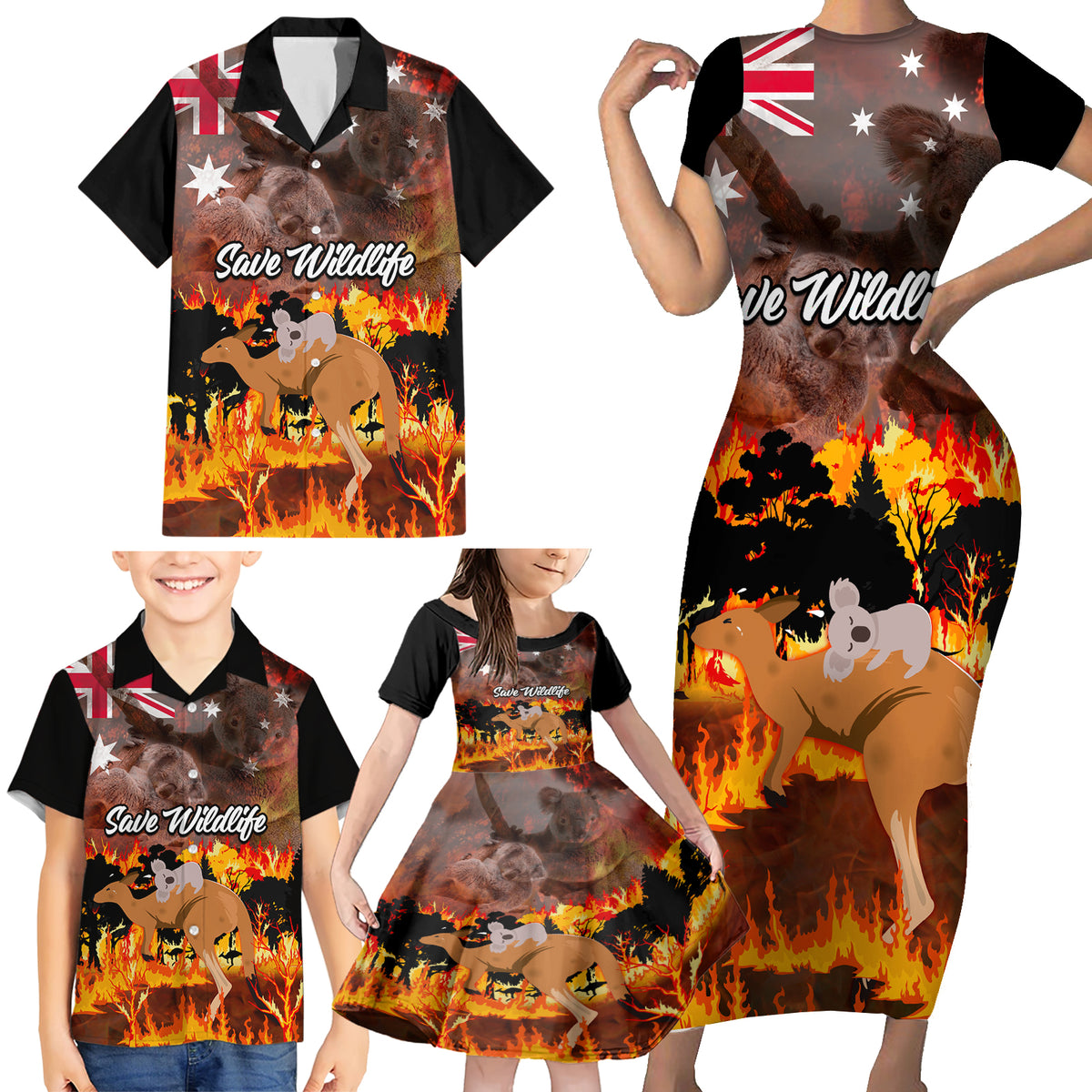 personalised-save-wildlife-australia-family-matching-short-sleeve-bodycon-dress-and-hawaiian-shirt-bushfire-awareness