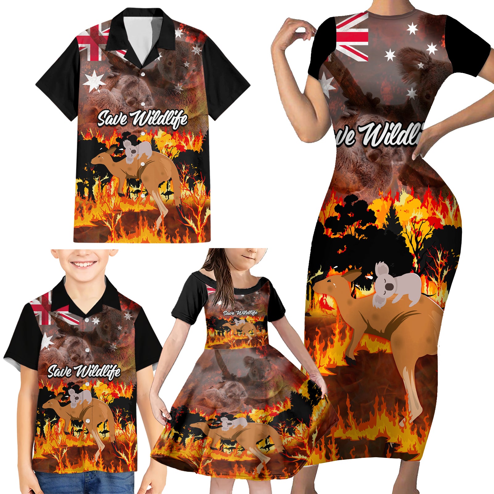 personalised-save-wildlife-australia-family-matching-short-sleeve-bodycon-dress-and-hawaiian-shirt-bushfire-awareness
