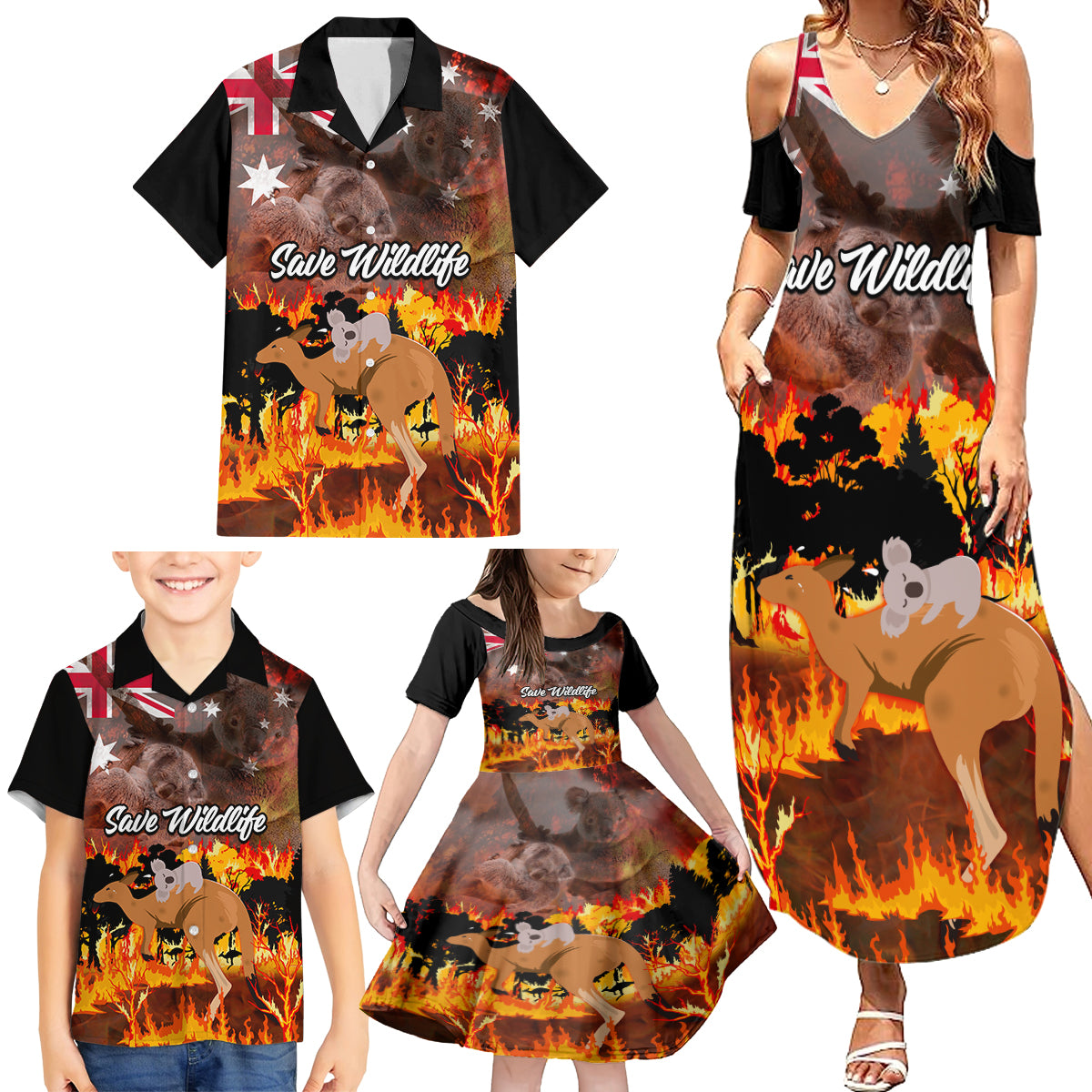 personalised-save-wildlife-australia-family-matching-summer-maxi-dress-and-hawaiian-shirt-bushfire-awareness