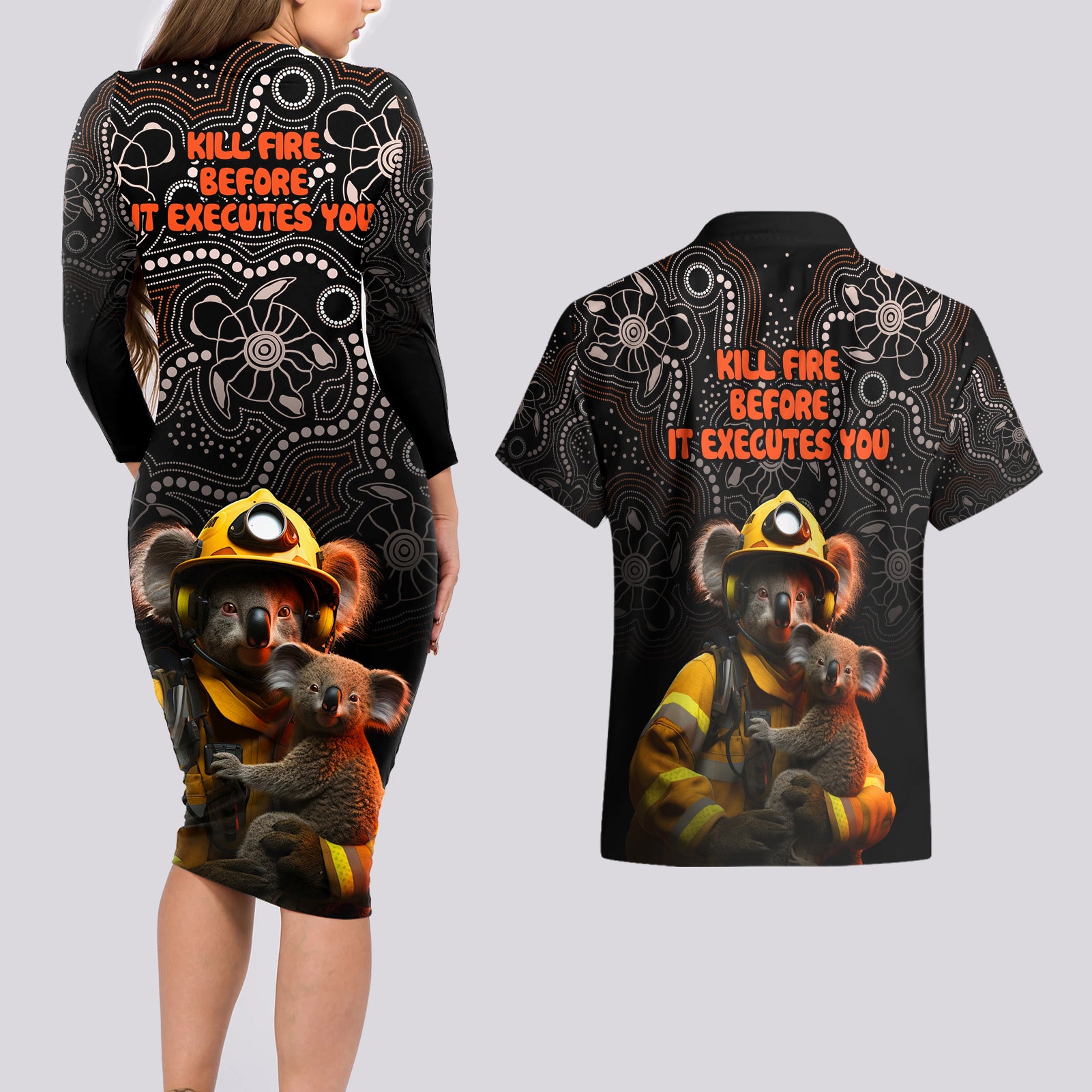 paws-for-australia-couples-matching-long-sleeve-bodycon-dress-and-hawaiian-shirt-bushfire-awareness-indigenous-aboriginal