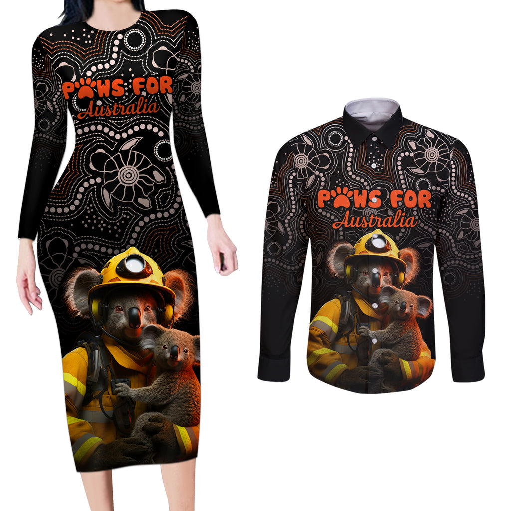 paws-for-australia-couples-matching-long-sleeve-bodycon-dress-and-long-sleeve-button-shirt-bushfire-awareness-indigenous-aboriginal