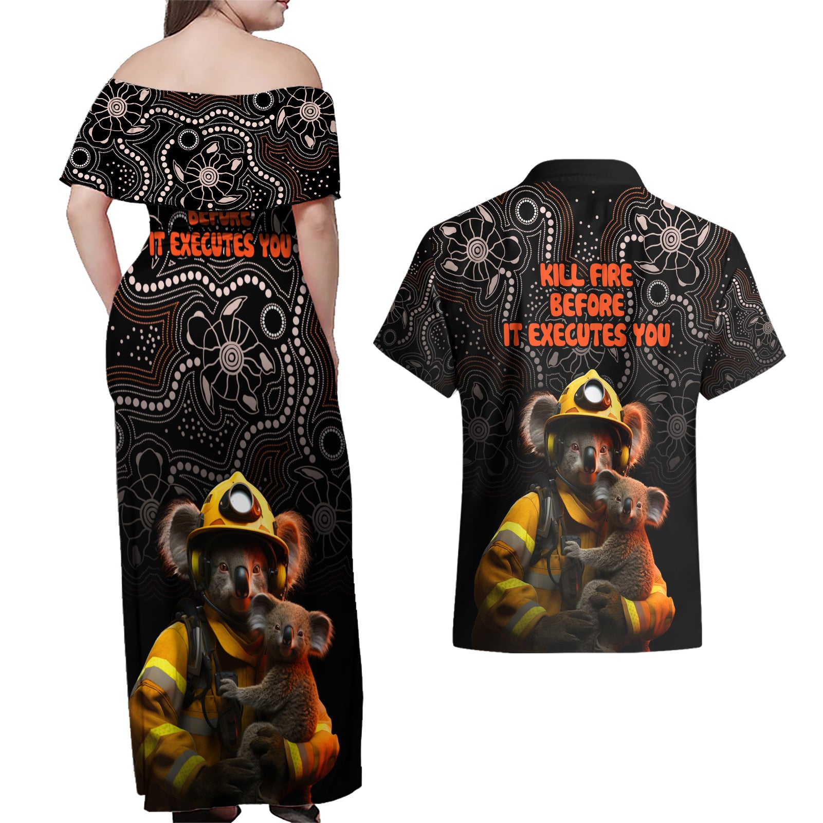 paws-for-australia-couples-matching-off-shoulder-maxi-dress-and-hawaiian-shirt-bushfire-awareness-indigenous-aboriginal