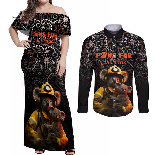 paws-for-australia-couples-matching-off-shoulder-maxi-dress-and-long-sleeve-button-shirt-bushfire-awareness-indigenous-aboriginal