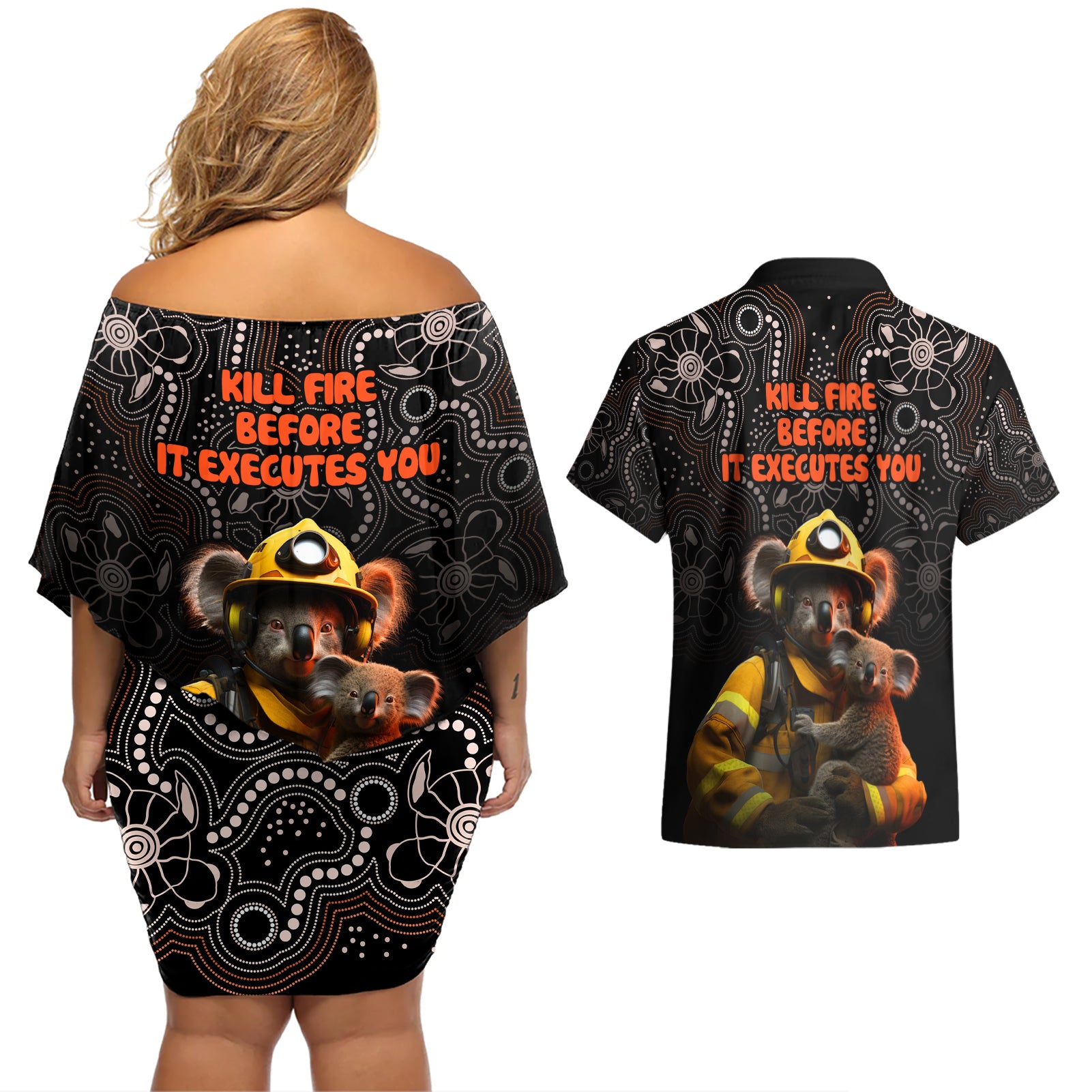 paws-for-australia-couples-matching-off-shoulder-short-dress-and-hawaiian-shirt-bushfire-awareness-indigenous-aboriginal