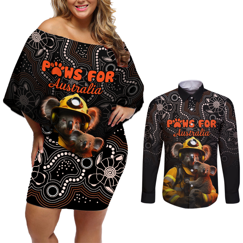 paws-for-australia-couples-matching-off-shoulder-short-dress-and-long-sleeve-button-shirt-bushfire-awareness-indigenous-aboriginal