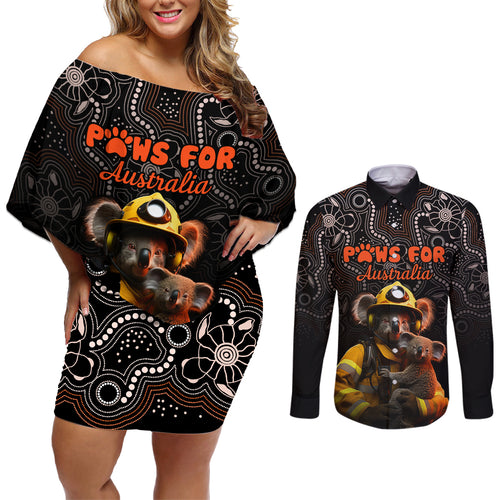paws-for-australia-couples-matching-off-shoulder-short-dress-and-long-sleeve-button-shirt-bushfire-awareness-indigenous-aboriginal