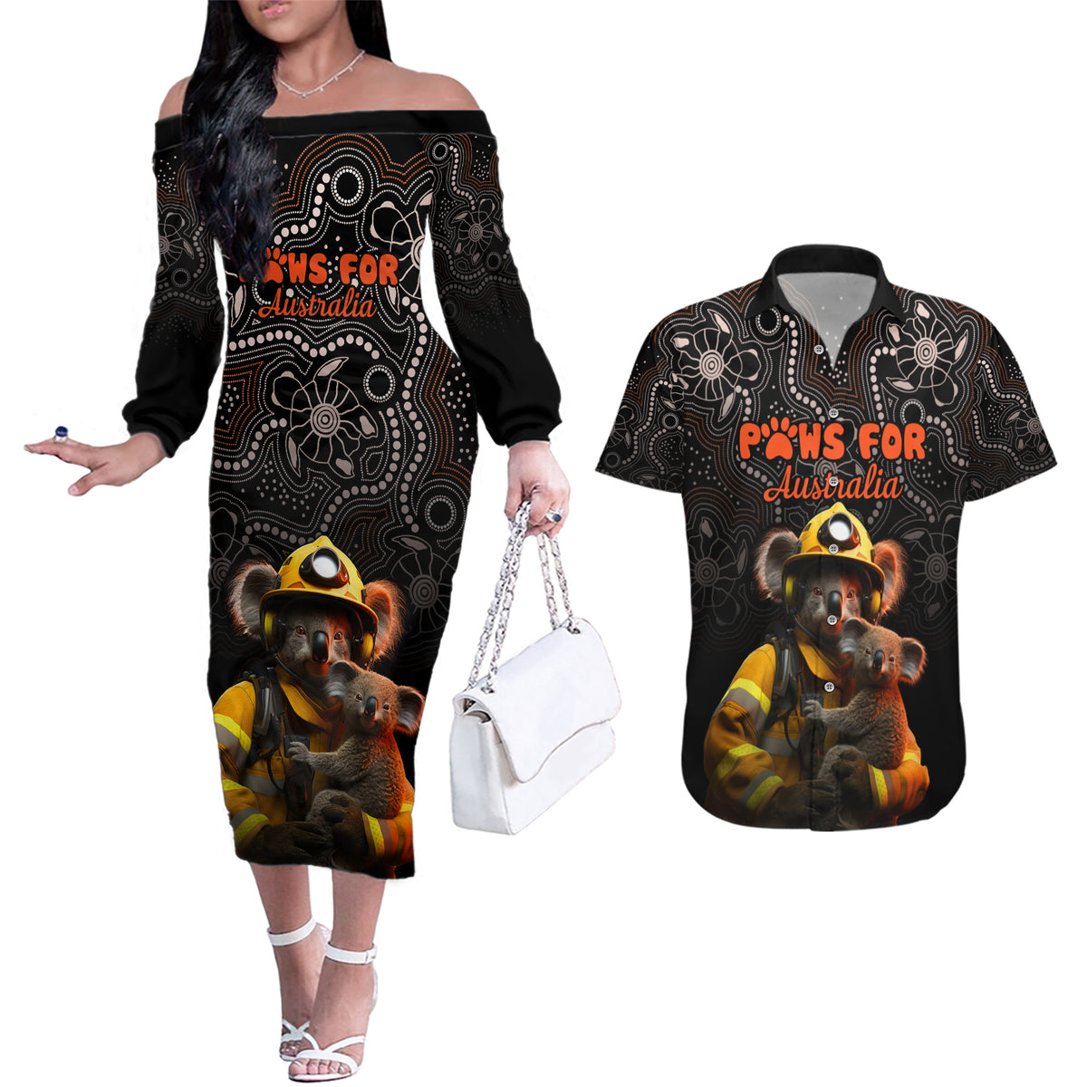 paws-for-australia-couples-matching-off-the-shoulder-long-sleeve-dress-and-hawaiian-shirt-bushfire-awareness-indigenous-aboriginal