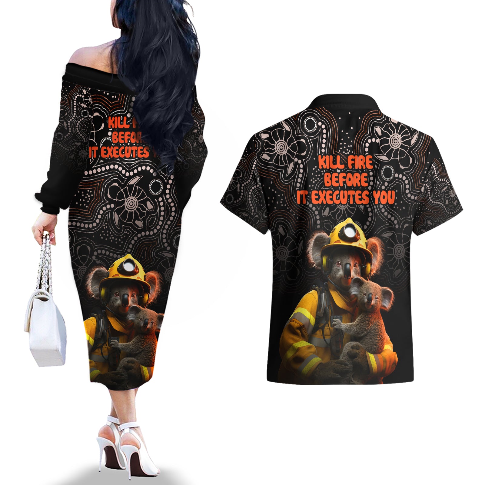 paws-for-australia-couples-matching-off-the-shoulder-long-sleeve-dress-and-hawaiian-shirt-bushfire-awareness-indigenous-aboriginal