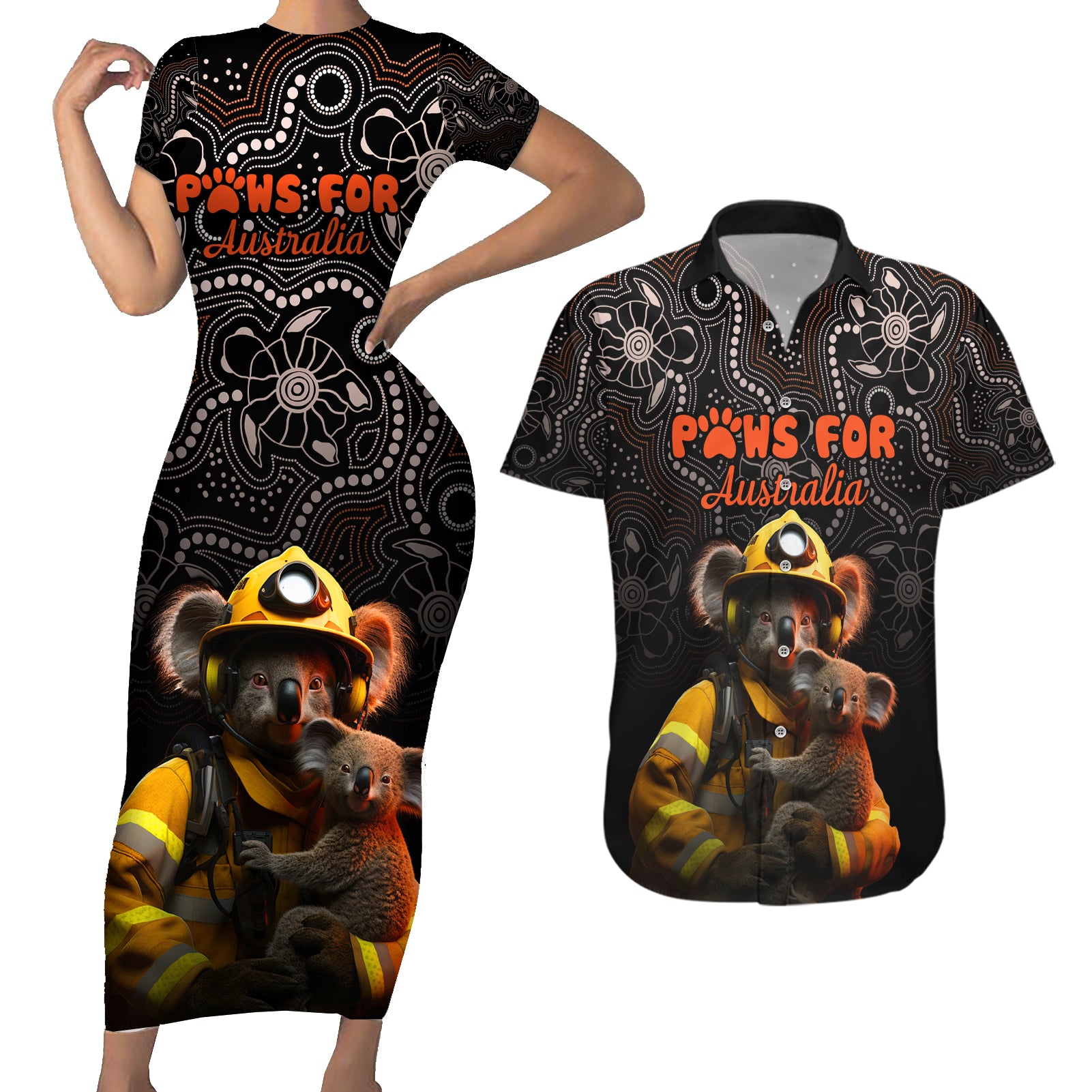 paws-for-australia-couples-matching-short-sleeve-bodycon-dress-and-hawaiian-shirt-bushfire-awareness-indigenous-aboriginal