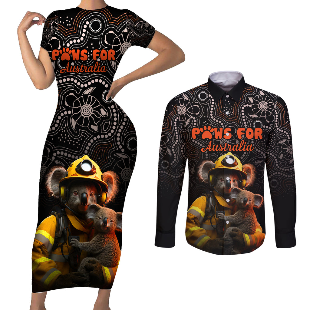 paws-for-australia-couples-matching-short-sleeve-bodycon-dress-and-long-sleeve-button-shirt-bushfire-awareness-indigenous-aboriginal
