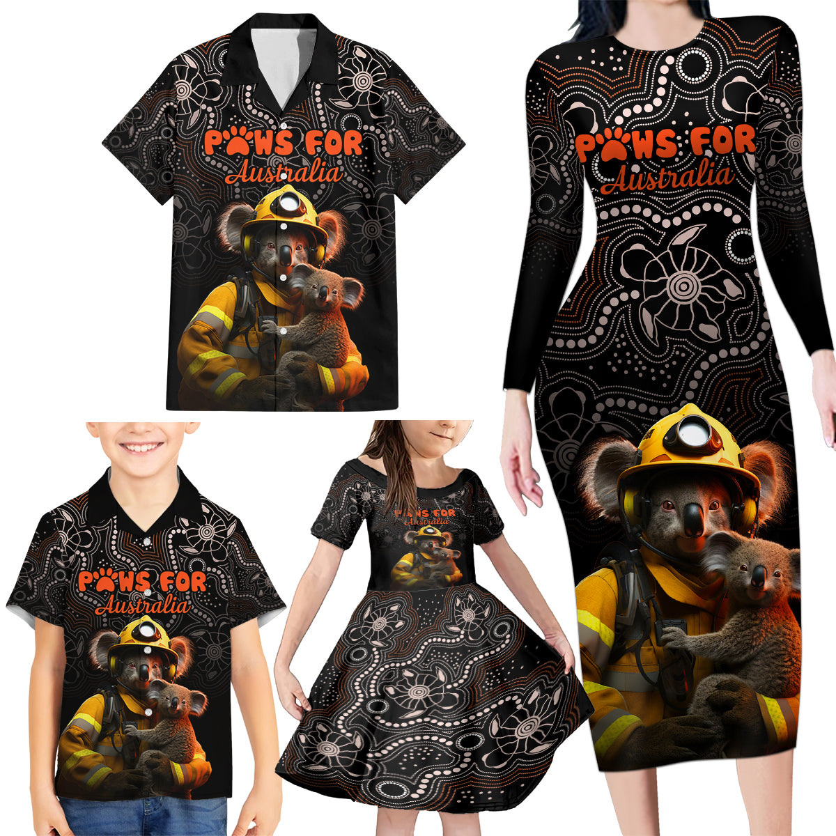 paws-for-australia-family-matching-long-sleeve-bodycon-dress-and-hawaiian-shirt-bushfire-awareness-indigenous-aboriginal