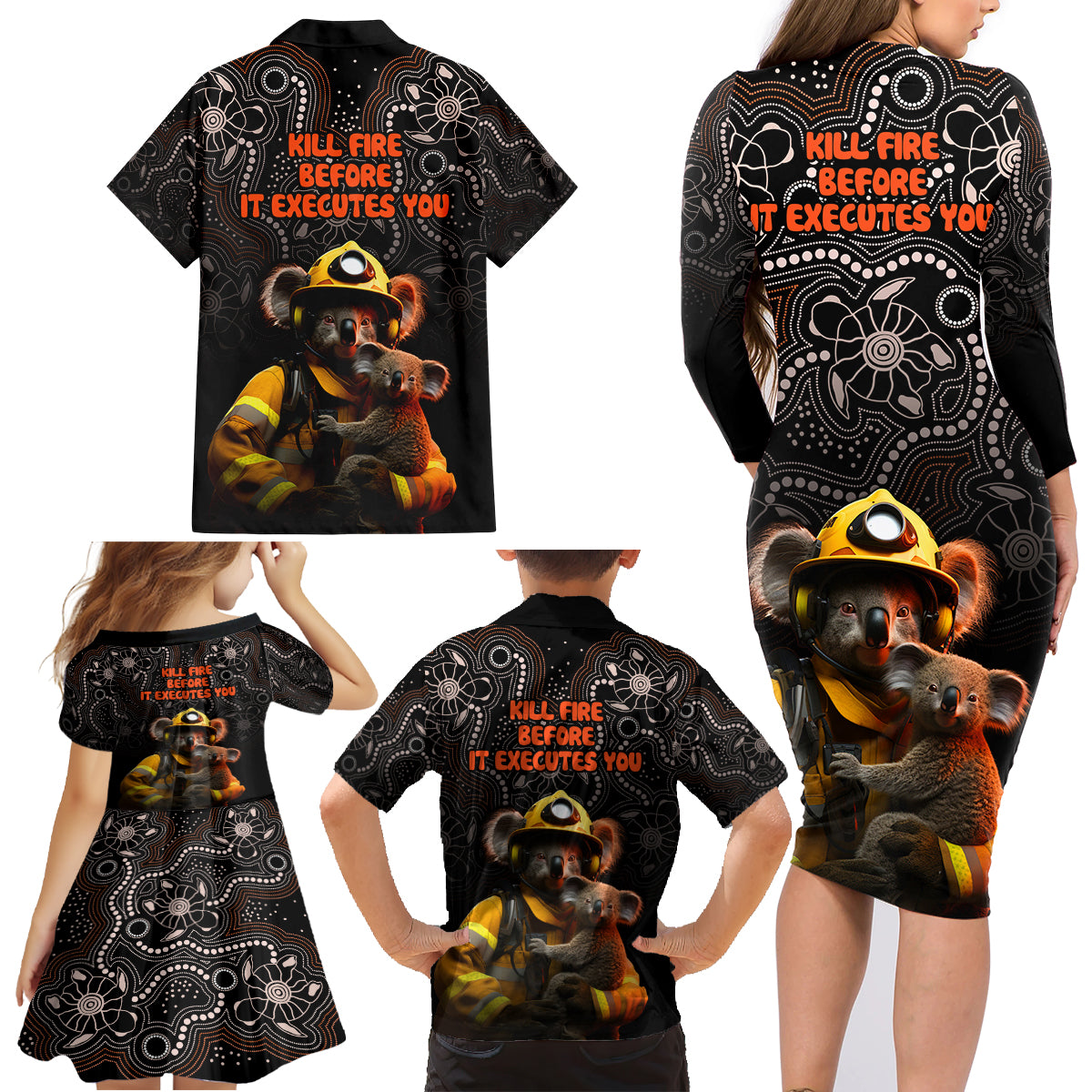 paws-for-australia-family-matching-long-sleeve-bodycon-dress-and-hawaiian-shirt-bushfire-awareness-indigenous-aboriginal