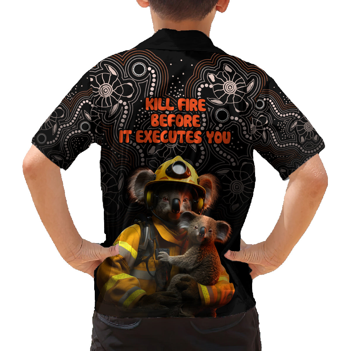paws-for-australia-family-matching-off-shoulder-long-sleeve-dress-and-hawaiian-shirt-bushfire-awareness-indigenous-aboriginal