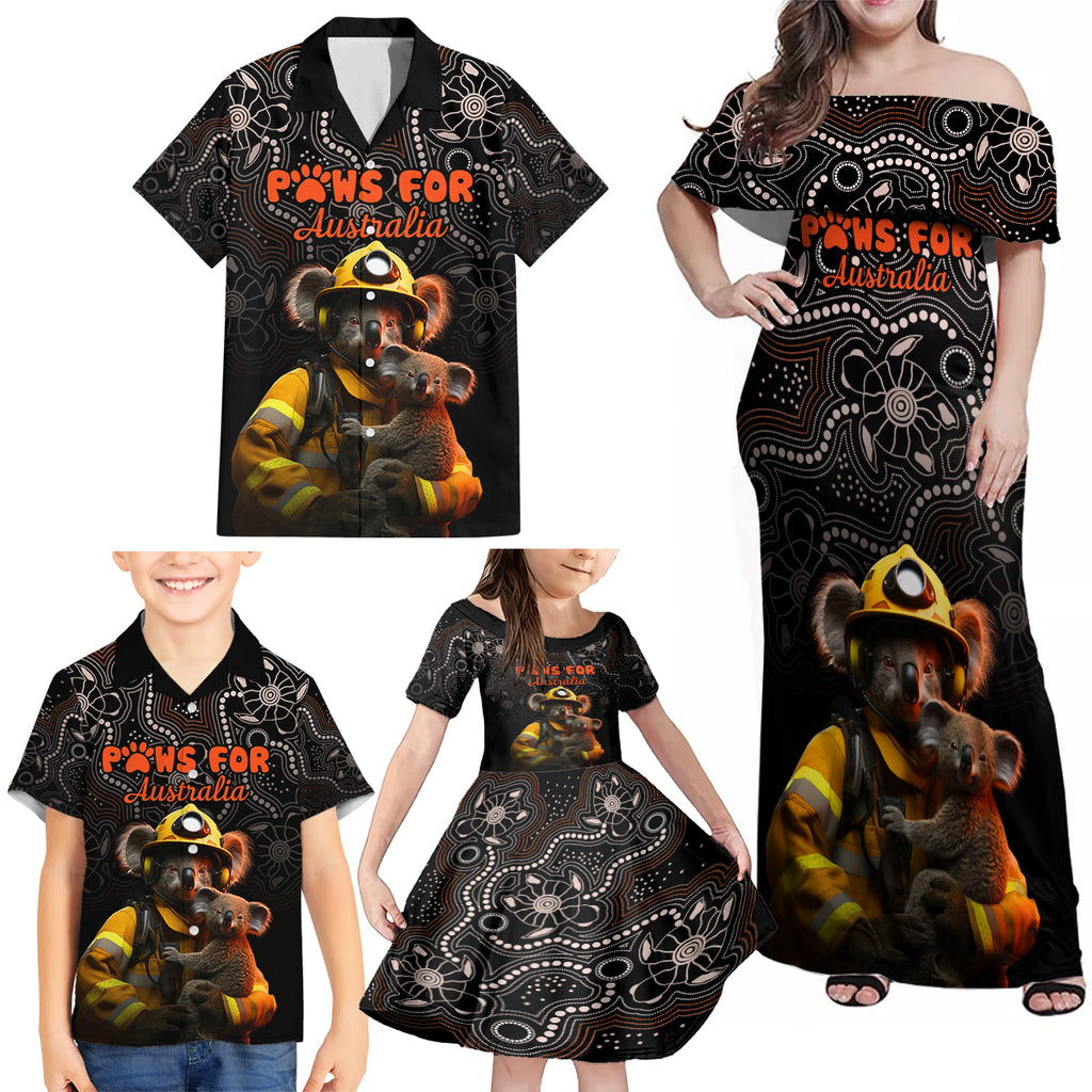 paws-for-australia-family-matching-off-shoulder-maxi-dress-and-hawaiian-shirt-bushfire-awareness-indigenous-aboriginal
