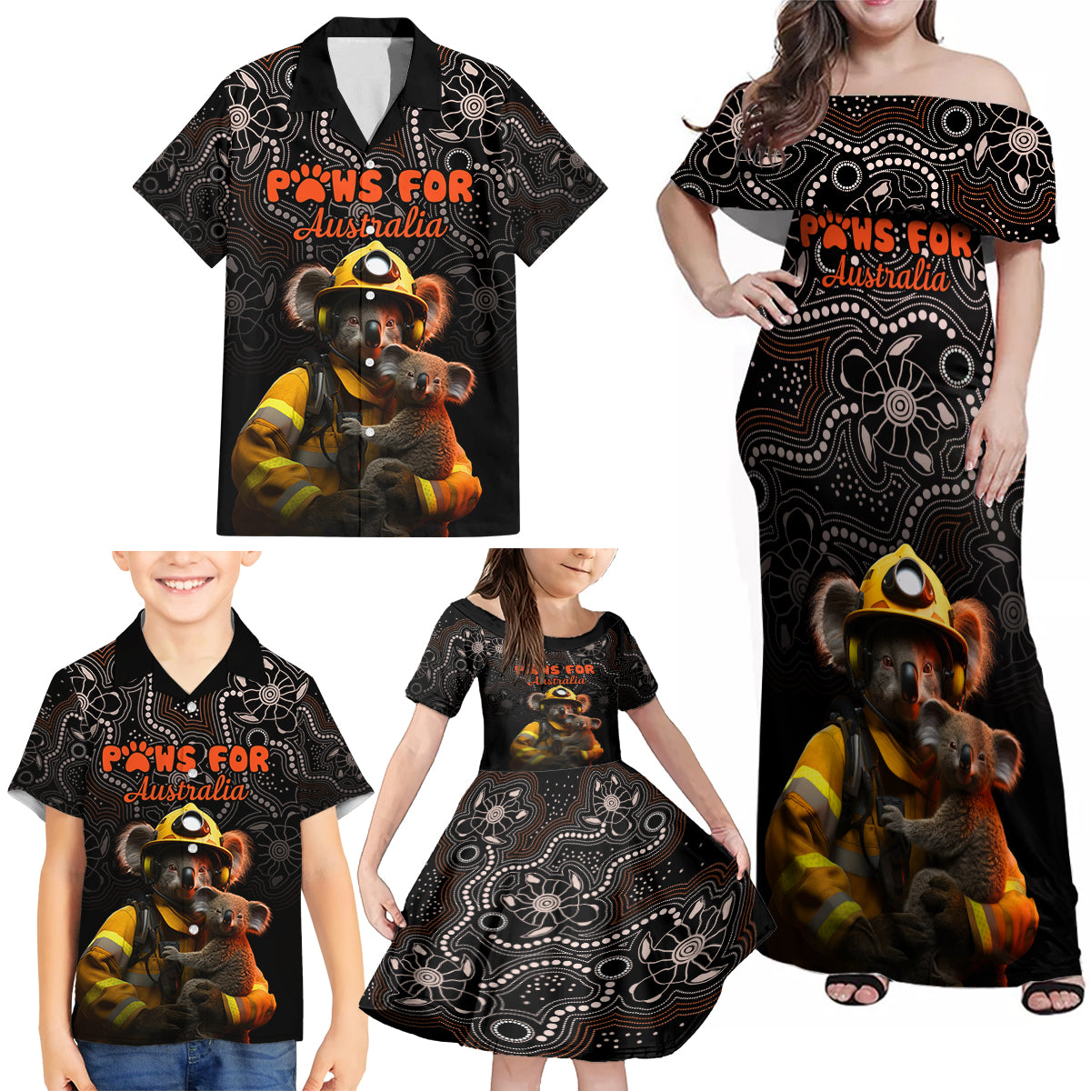 paws-for-australia-family-matching-off-shoulder-maxi-dress-and-hawaiian-shirt-bushfire-awareness-indigenous-aboriginal