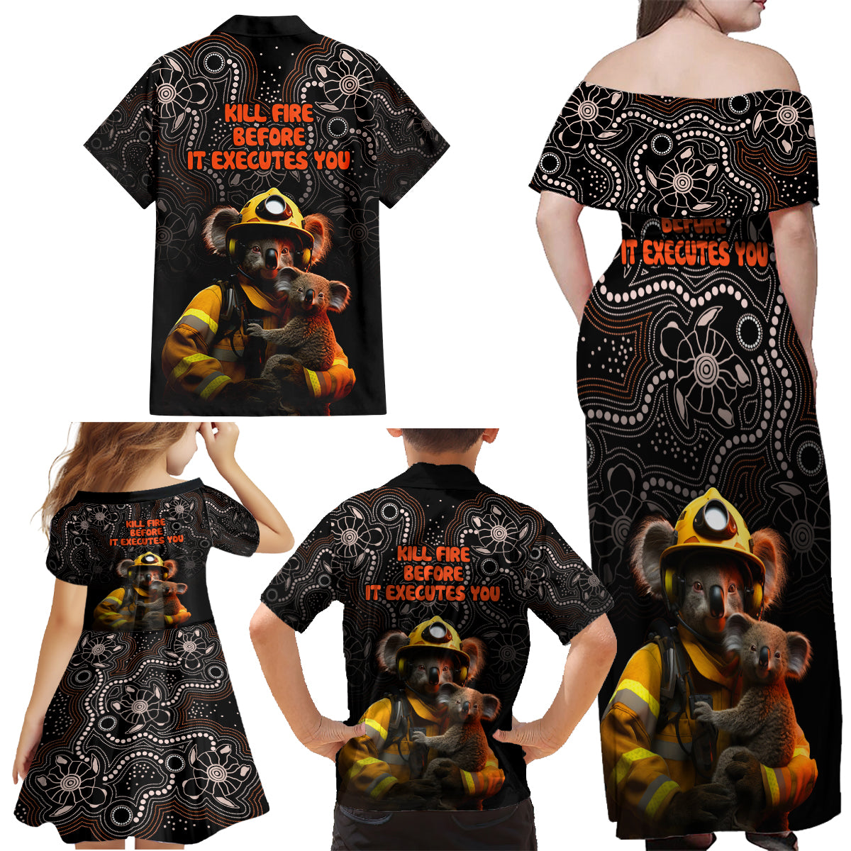paws-for-australia-family-matching-off-shoulder-maxi-dress-and-hawaiian-shirt-bushfire-awareness-indigenous-aboriginal