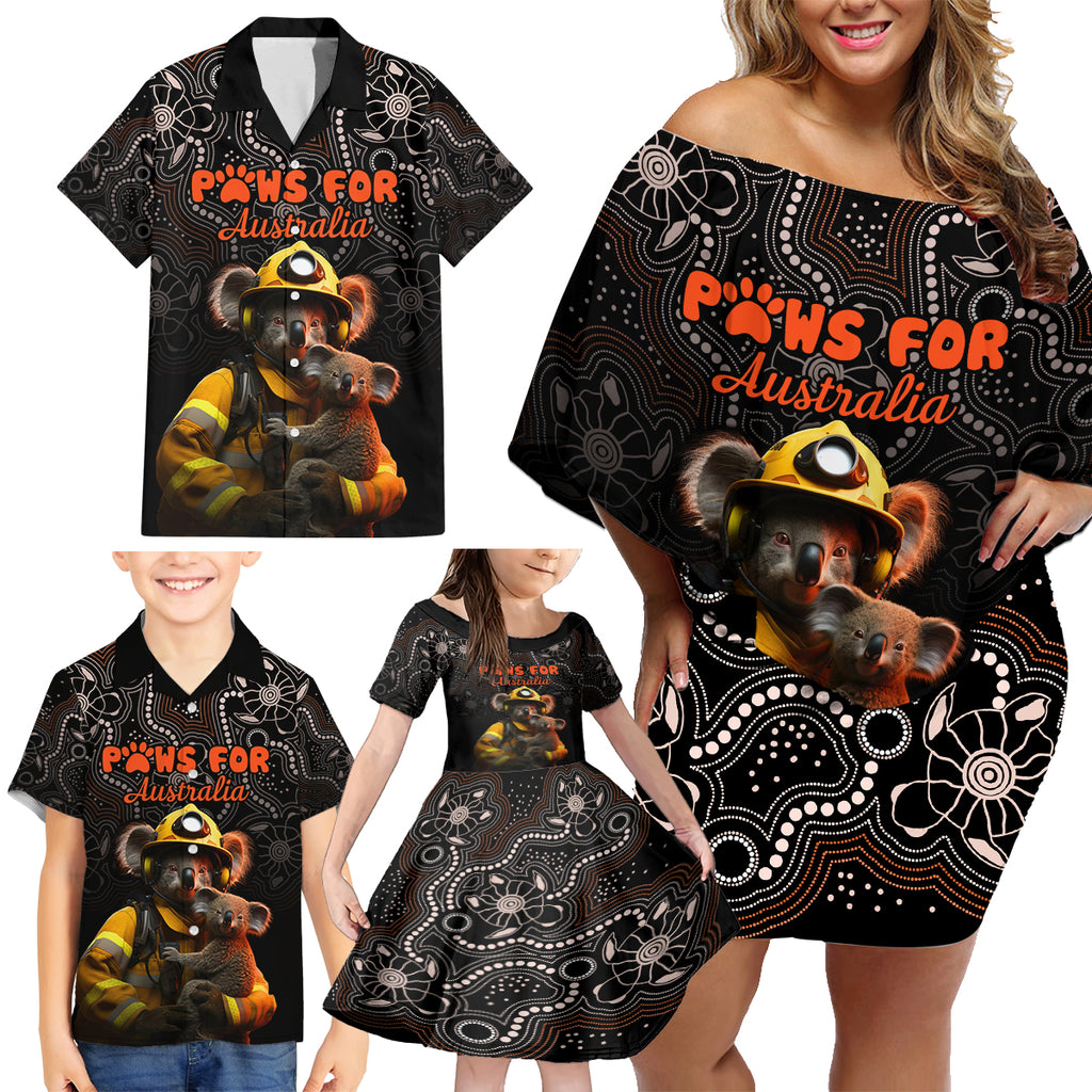 paws-for-australia-family-matching-off-shoulder-short-dress-and-hawaiian-shirt-bushfire-awareness-indigenous-aboriginal