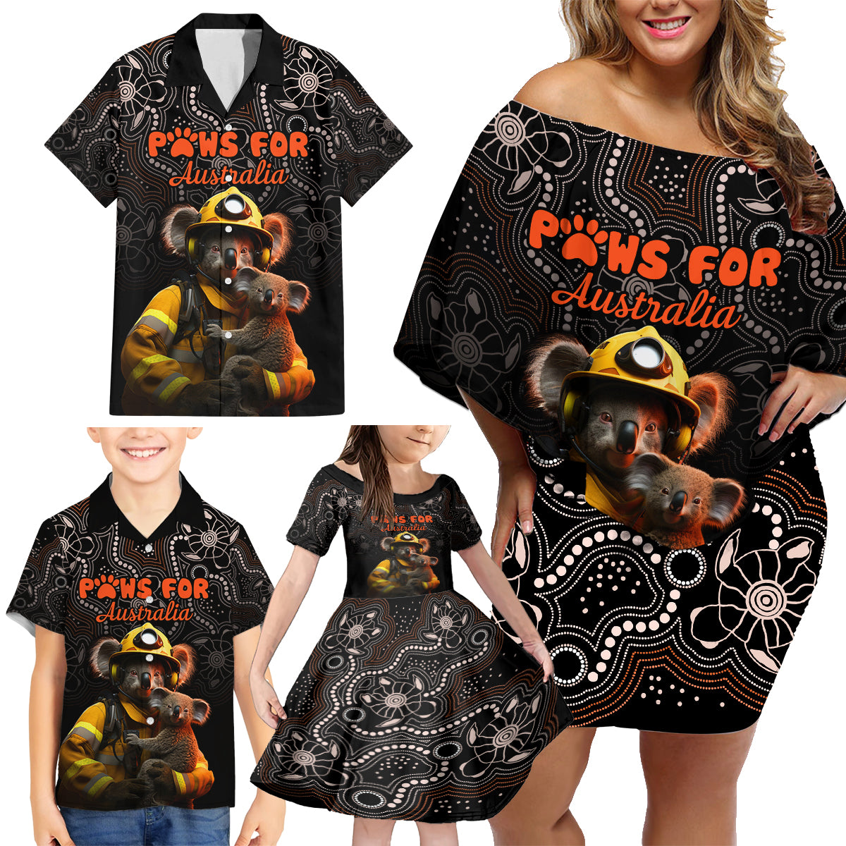 paws-for-australia-family-matching-off-shoulder-short-dress-and-hawaiian-shirt-bushfire-awareness-indigenous-aboriginal