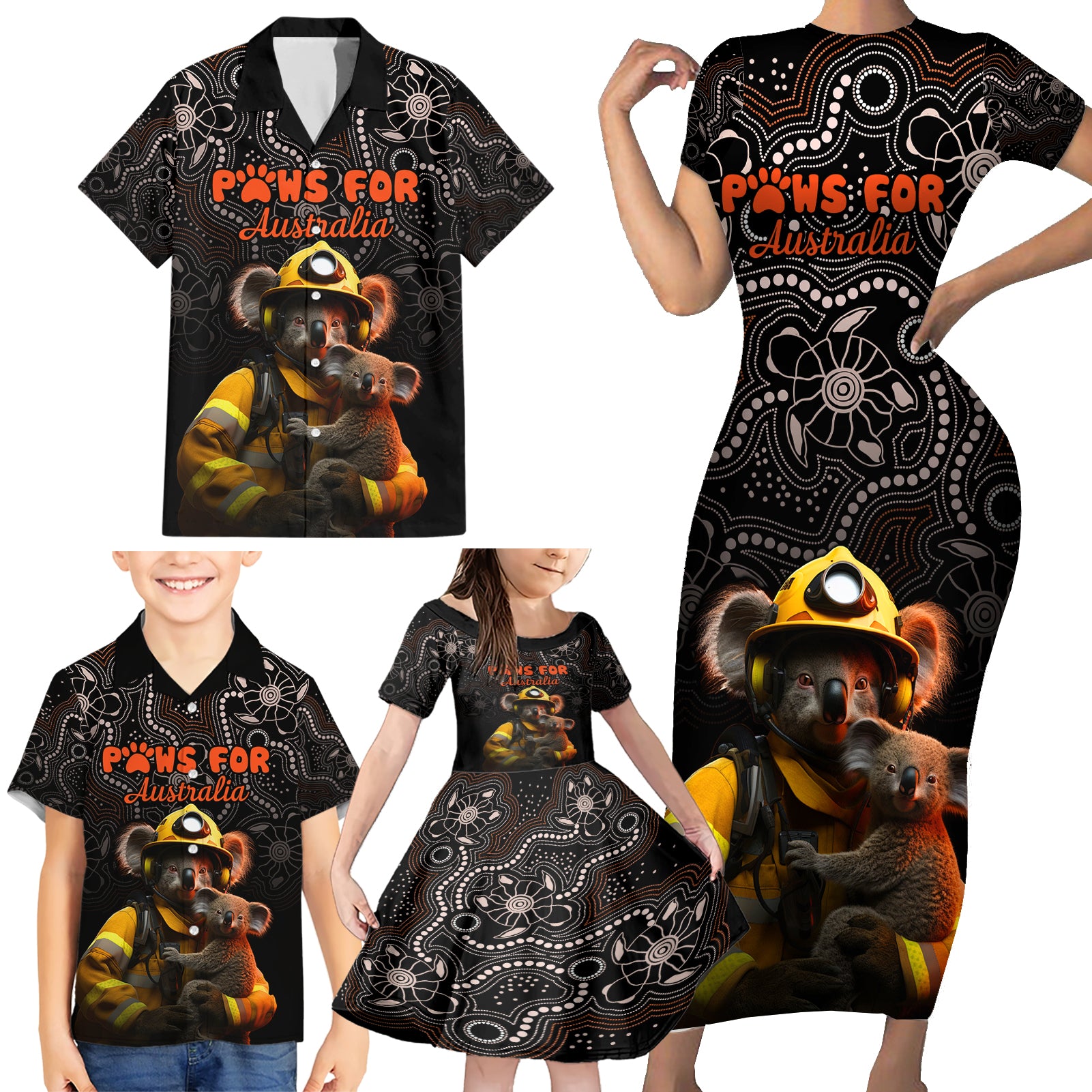 paws-for-australia-family-matching-short-sleeve-bodycon-dress-and-hawaiian-shirt-bushfire-awareness-indigenous-aboriginal