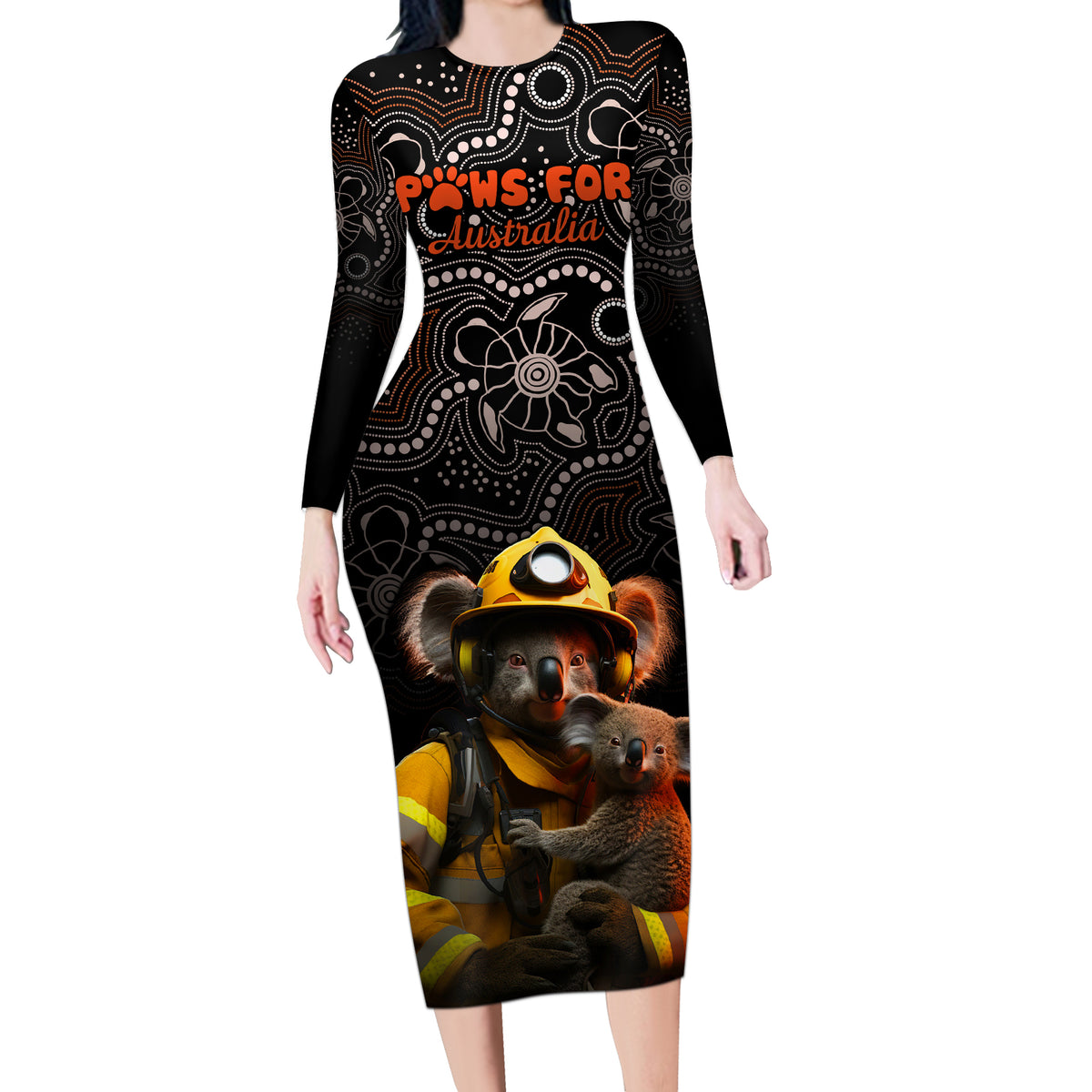 paws-for-australia-long-sleeve-bodycon-dress-bushfire-awareness-indigenous-aboriginal
