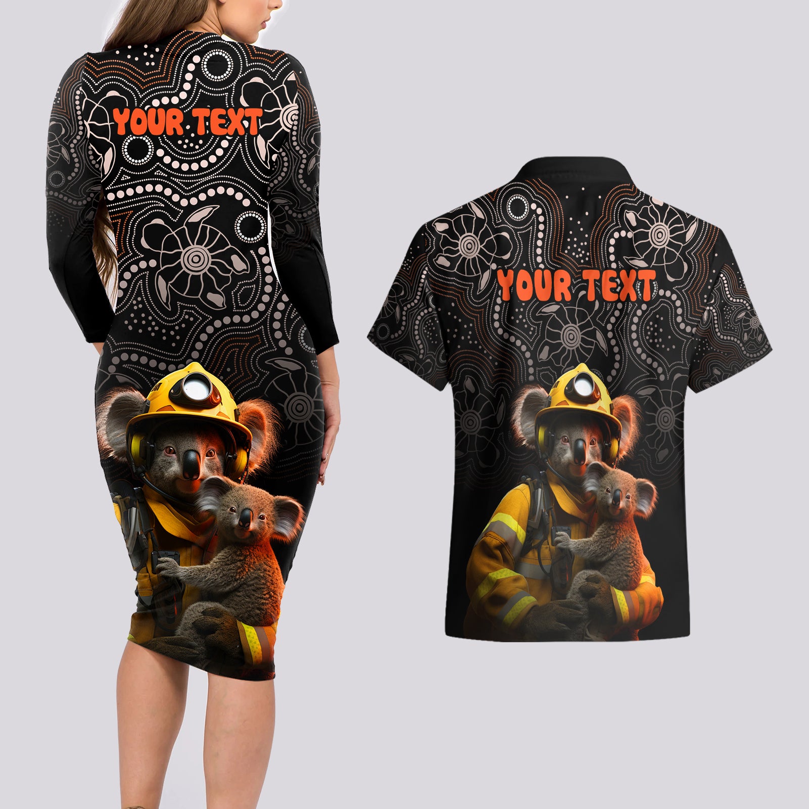 personalised-paws-for-australia-couples-matching-long-sleeve-bodycon-dress-and-hawaiian-shirt-bushfire-awareness-indigenous-aboriginal