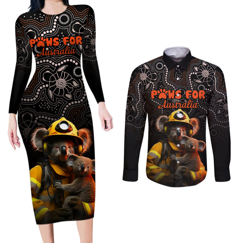 personalised-paws-for-australia-couples-matching-long-sleeve-bodycon-dress-and-long-sleeve-button-shirt-bushfire-awareness-indigenous-aboriginal