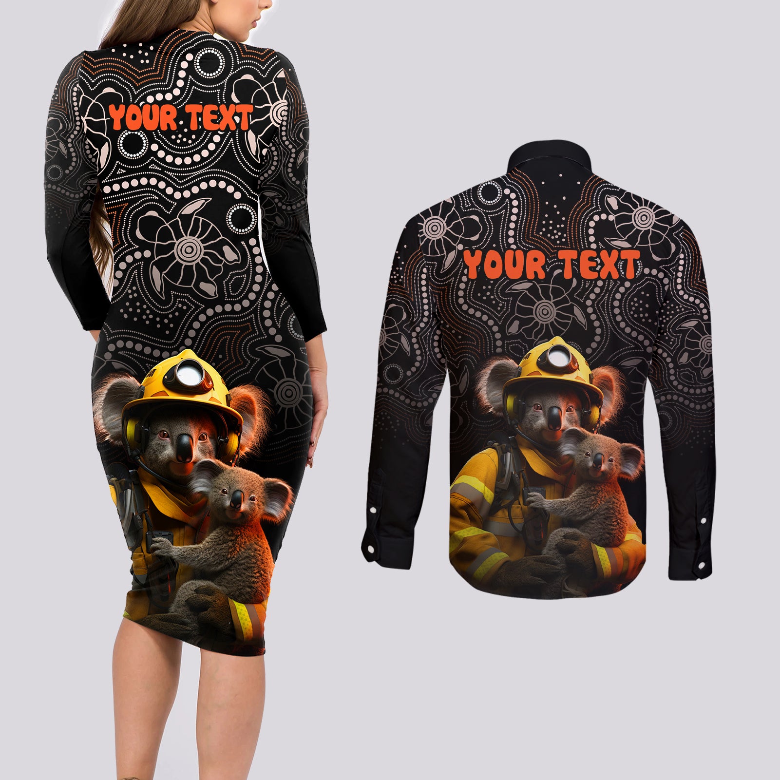 personalised-paws-for-australia-couples-matching-long-sleeve-bodycon-dress-and-long-sleeve-button-shirt-bushfire-awareness-indigenous-aboriginal