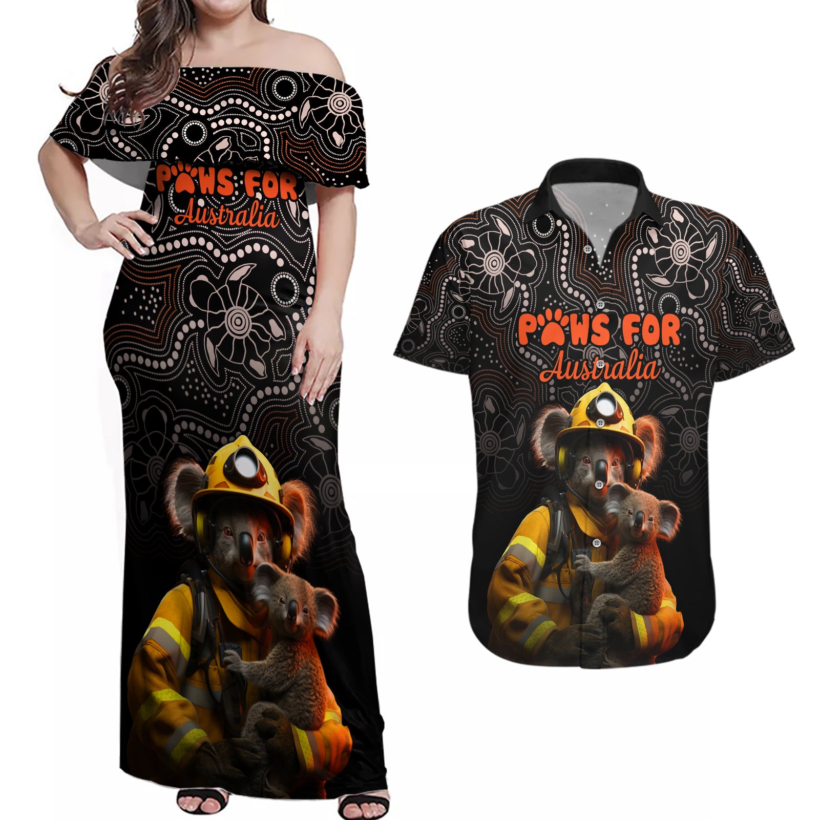 personalised-paws-for-australia-couples-matching-off-shoulder-maxi-dress-and-hawaiian-shirt-bushfire-awareness-indigenous-aboriginal