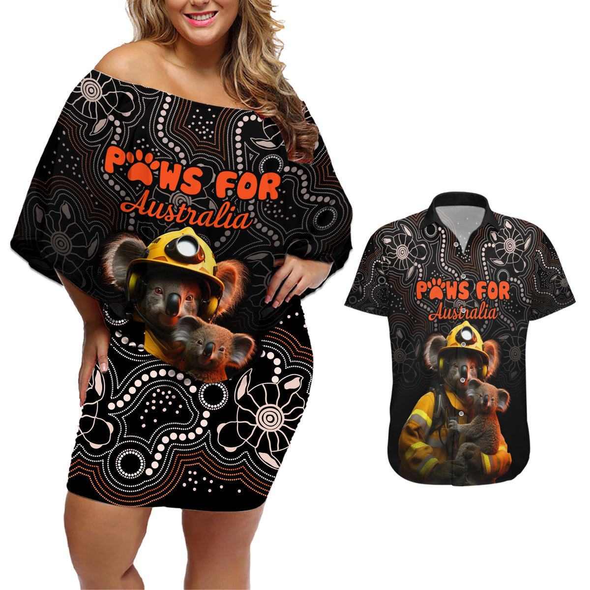 personalised-paws-for-australia-couples-matching-off-shoulder-short-dress-and-hawaiian-shirt-bushfire-awareness-indigenous-aboriginal
