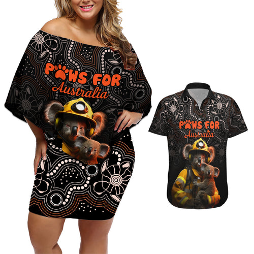 personalised-paws-for-australia-couples-matching-off-shoulder-short-dress-and-hawaiian-shirt-bushfire-awareness-indigenous-aboriginal