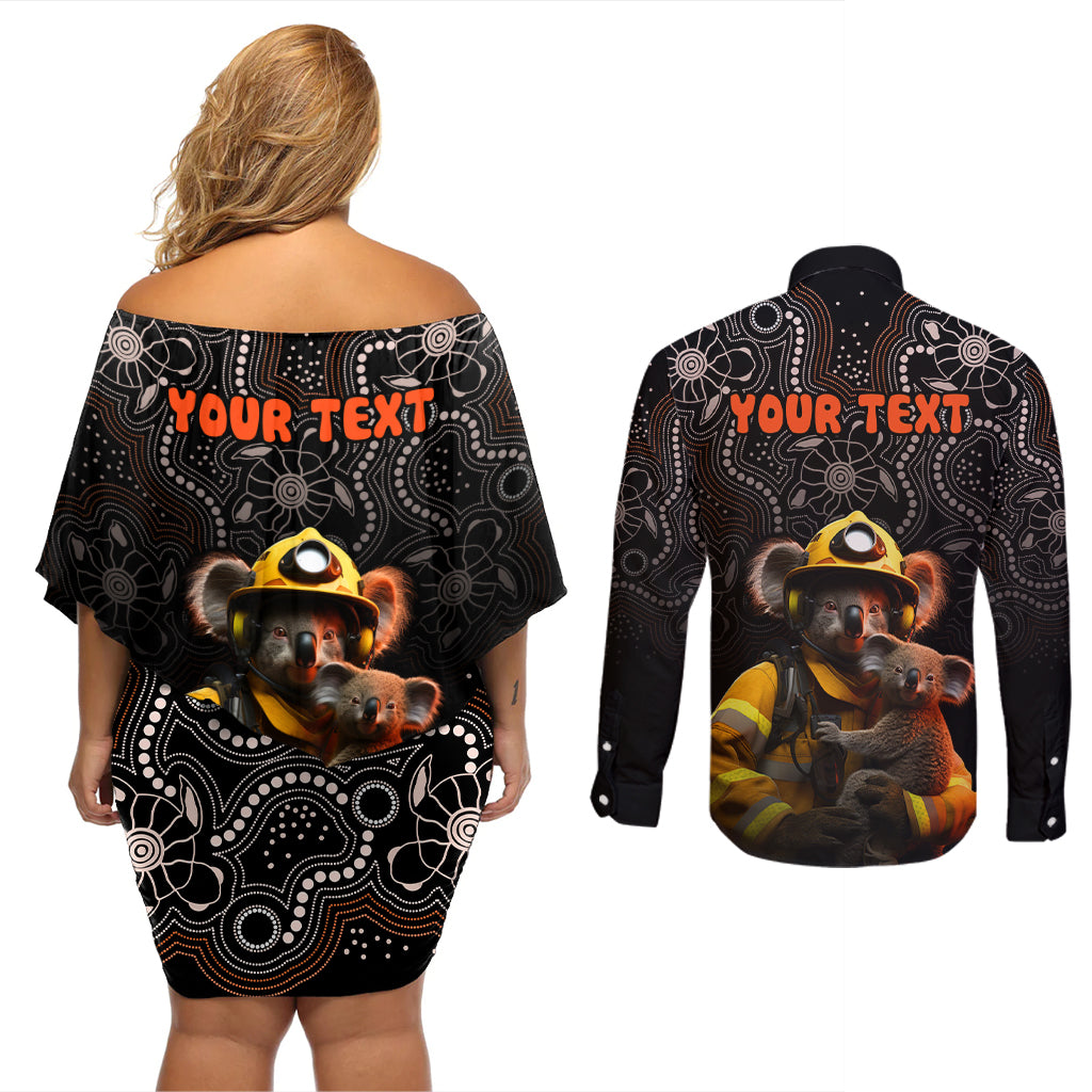 personalised-paws-for-australia-couples-matching-off-shoulder-short-dress-and-long-sleeve-button-shirt-bushfire-awareness-indigenous-aboriginal