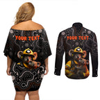 personalised-paws-for-australia-couples-matching-off-shoulder-short-dress-and-long-sleeve-button-shirt-bushfire-awareness-indigenous-aboriginal