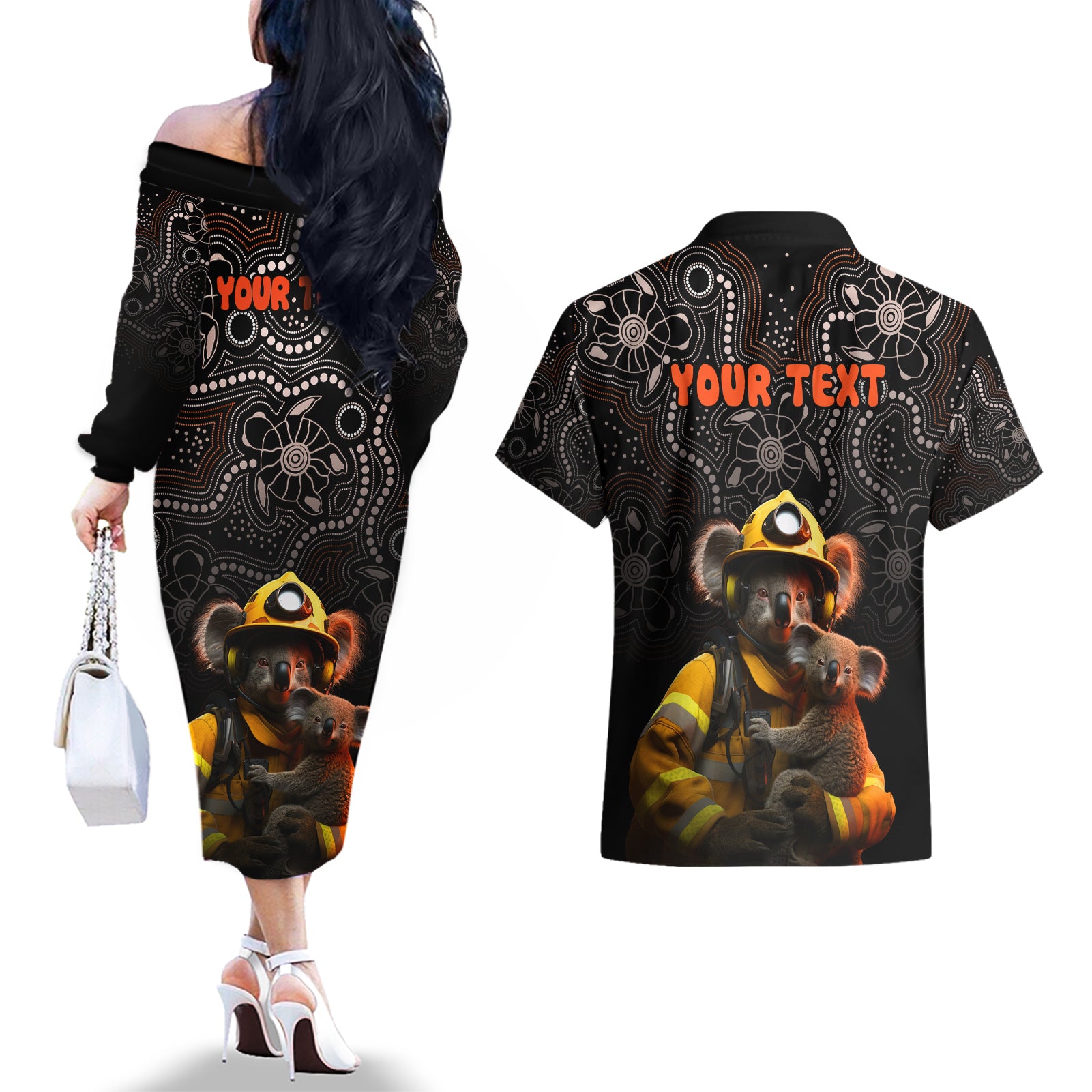 personalised-paws-for-australia-couples-matching-off-the-shoulder-long-sleeve-dress-and-hawaiian-shirt-bushfire-awareness-indigenous-aboriginal