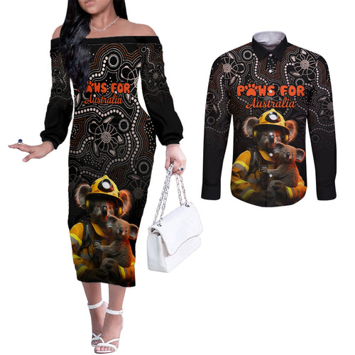 personalised-paws-for-australia-couples-matching-off-the-shoulder-long-sleeve-dress-and-long-sleeve-button-shirt-bushfire-awareness-indigenous-aboriginal