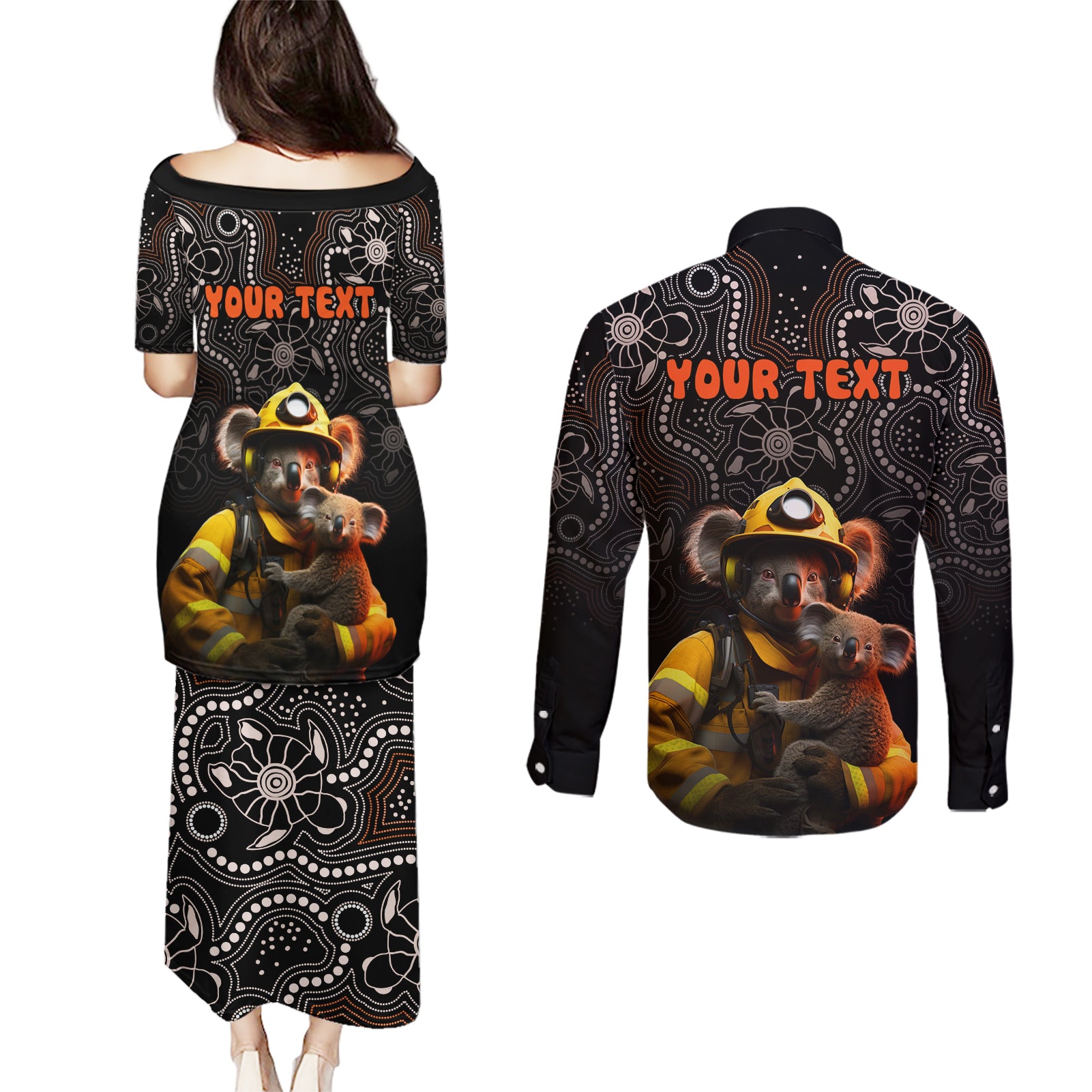 personalised-paws-for-australia-couples-matching-puletasi-dress-and-long-sleeve-button-shirt-bushfire-awareness-indigenous-aboriginal