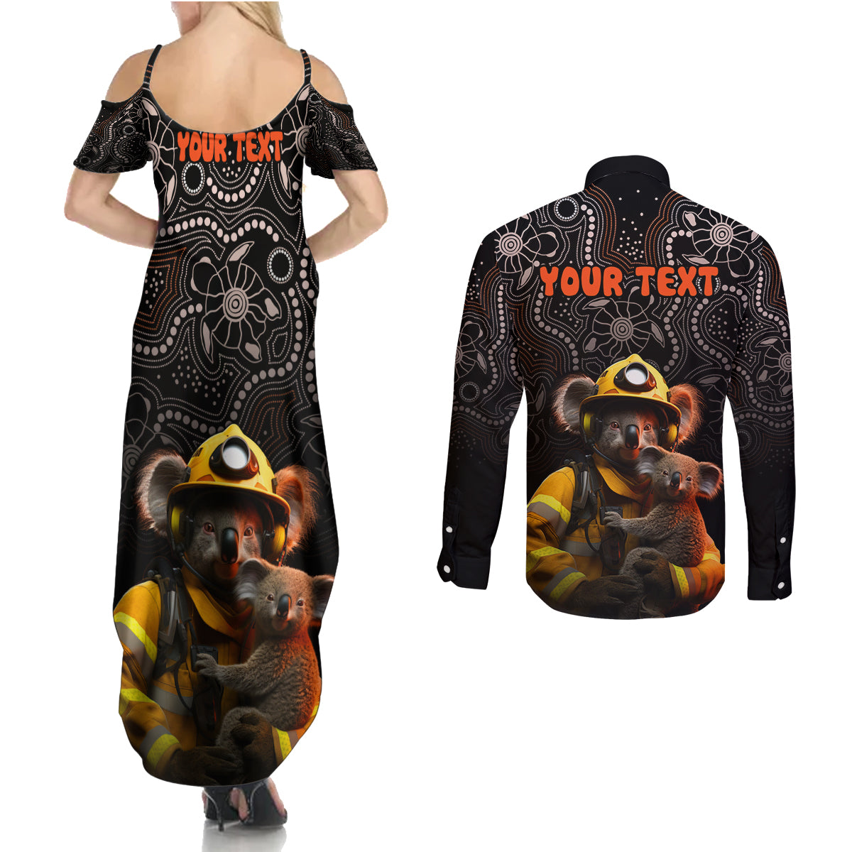 personalised-paws-for-australia-couples-matching-summer-maxi-dress-and-long-sleeve-button-shirt-bushfire-awareness-indigenous-aboriginal