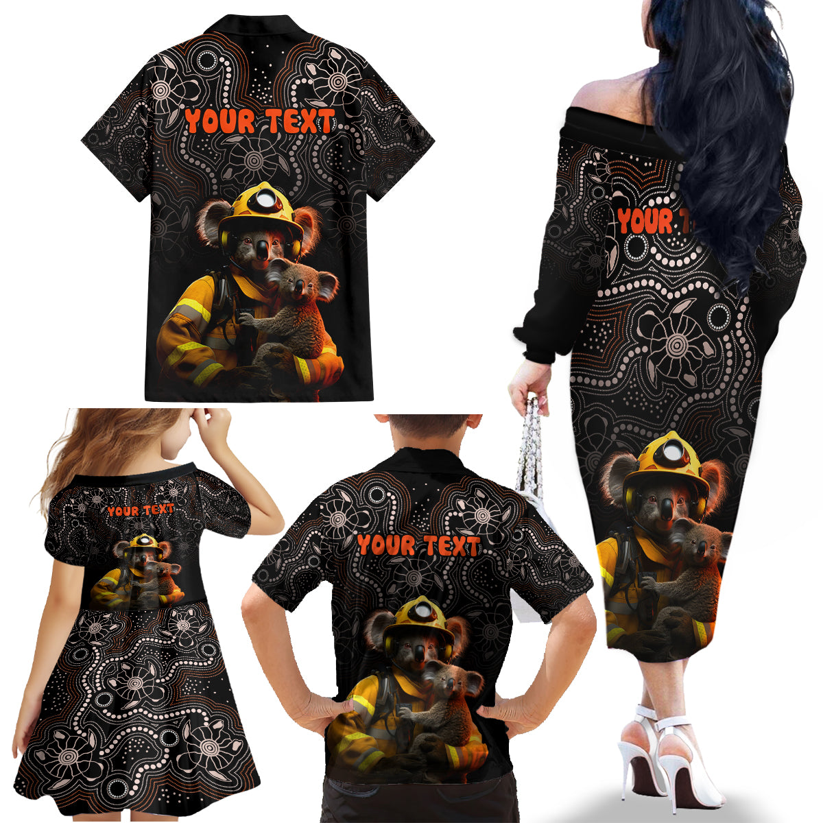 personalised-paws-for-australia-family-matching-off-shoulder-long-sleeve-dress-and-hawaiian-shirt-bushfire-awareness-indigenous-aboriginal