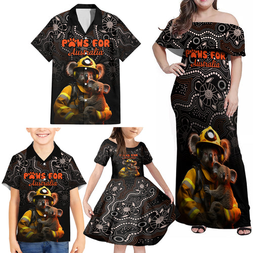 personalised-paws-for-australia-family-matching-off-shoulder-maxi-dress-and-hawaiian-shirt-bushfire-awareness-indigenous-aboriginal