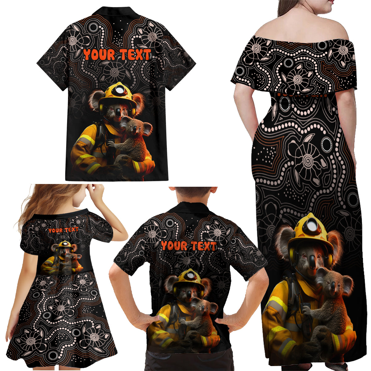 personalised-paws-for-australia-family-matching-off-shoulder-maxi-dress-and-hawaiian-shirt-bushfire-awareness-indigenous-aboriginal