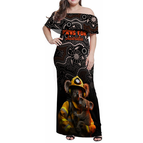 personalised-paws-for-australia-family-matching-off-shoulder-maxi-dress-and-hawaiian-shirt-bushfire-awareness-indigenous-aboriginal