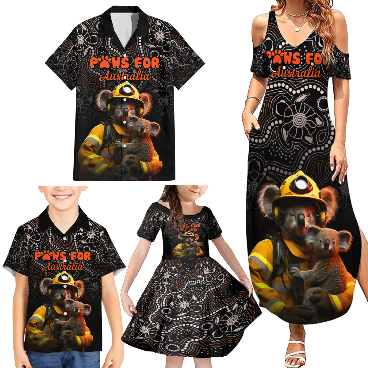 personalised-paws-for-australia-family-matching-summer-maxi-dress-and-hawaiian-shirt-bushfire-awareness-indigenous-aboriginal