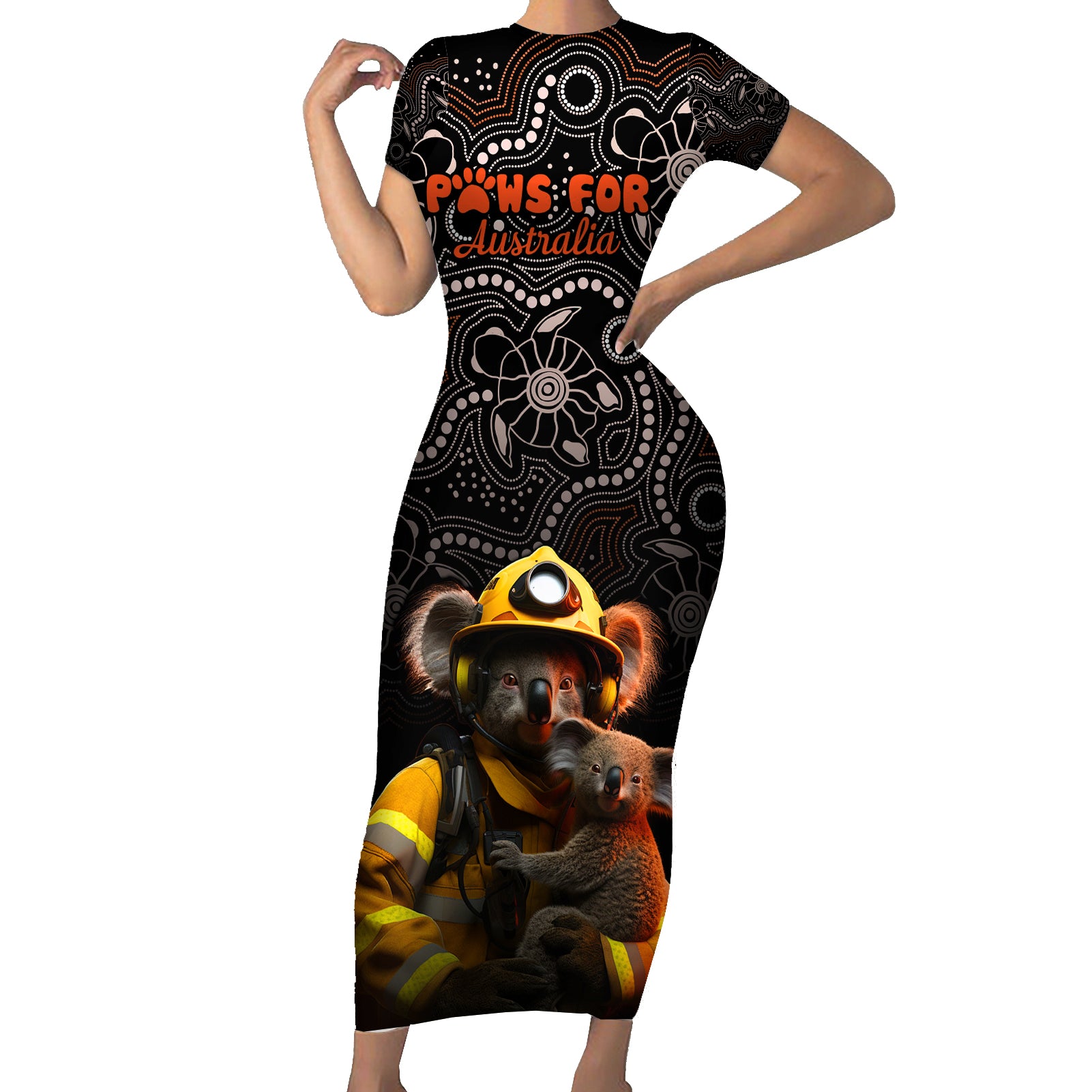 personalised-paws-for-australia-short-sleeve-bodycon-dress-bushfire-awareness-indigenous-aboriginal