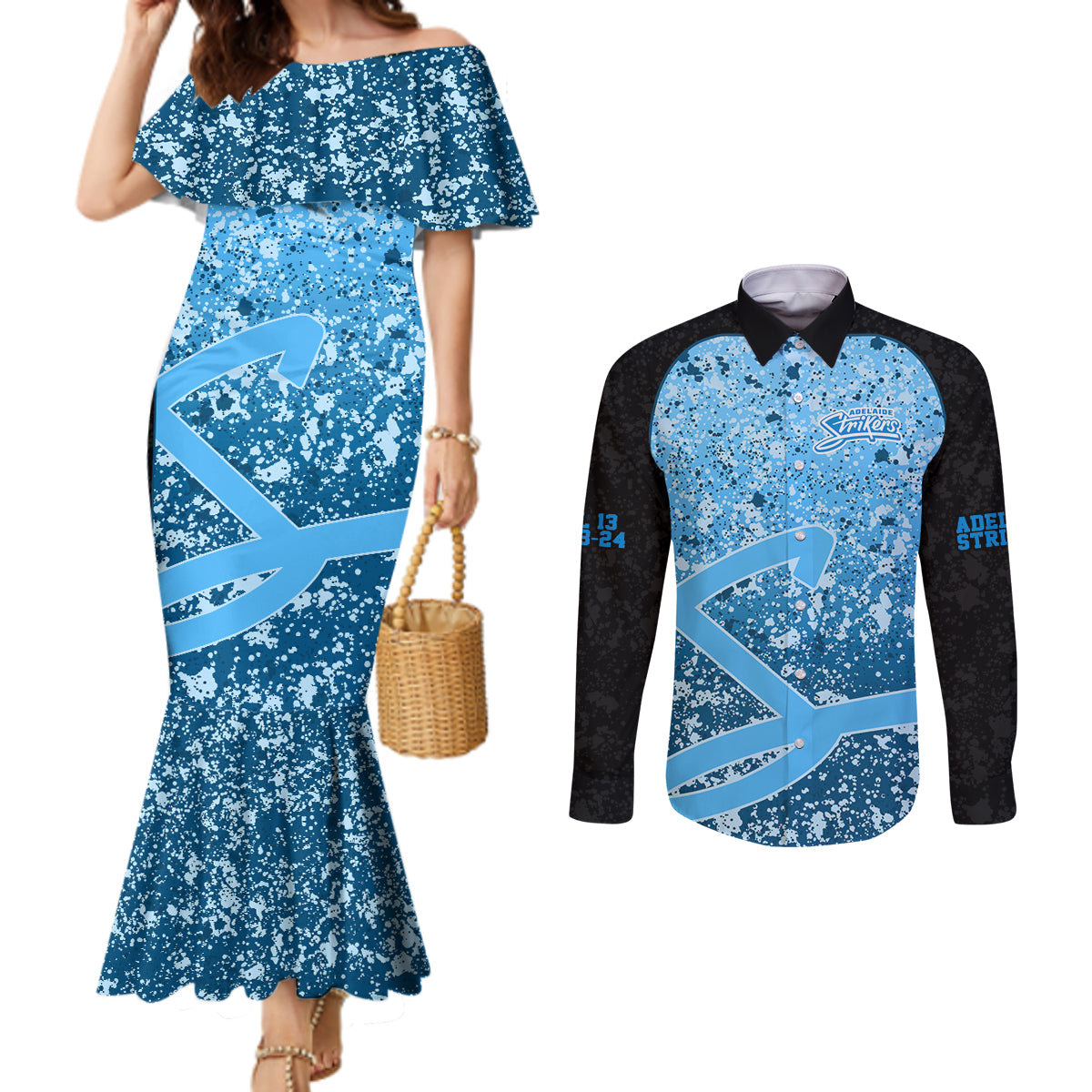 adelaide-strikers-custom-couples-matching-mermaid-dress-and-long-sleeve-button-shirt-bbl-cricket-team-2024