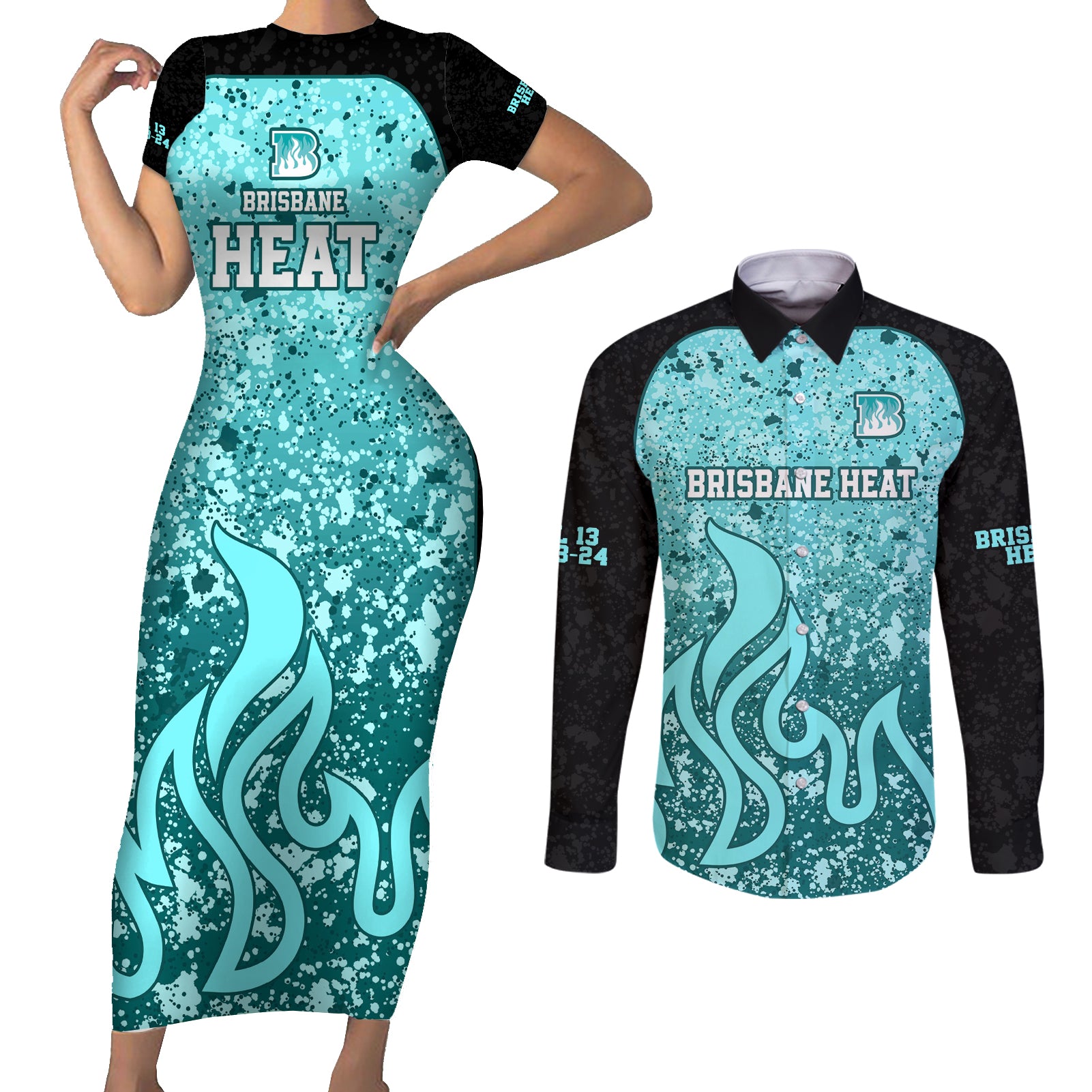 brisbane-heat-custom-couples-matching-short-sleeve-bodycon-dress-and-long-sleeve-button-shirt-bbl-cricket-team-2024